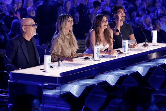 Howie, Heidi, Sofia, and Simon react to an act during a taping of the AGT live shows. (Photo property of NBC)